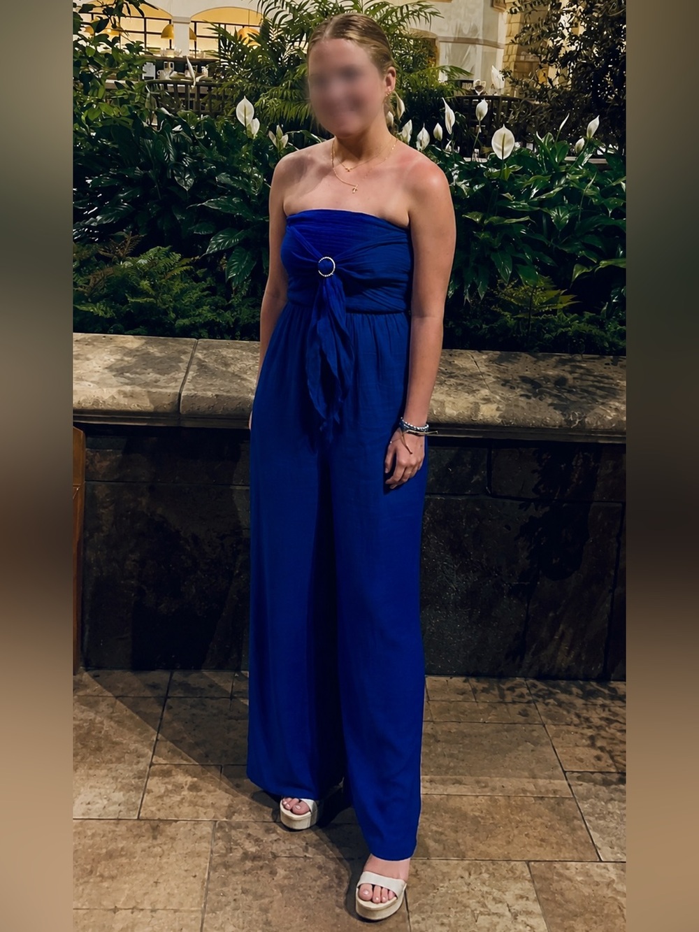 Paradise Women’s Royal Blue Strapless Smocked Wide Leg Jumpsuit Size L